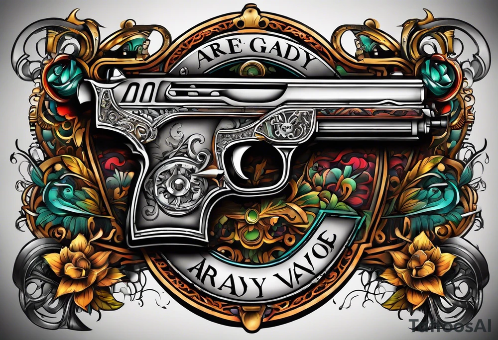 The letters AR with a pistol on each side and the word always on the top and the word ready on the bottom tattoo idea