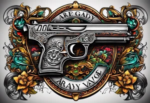 The letters AR with a pistol on each side and the word always on the top and the word ready on the bottom tattoo idea