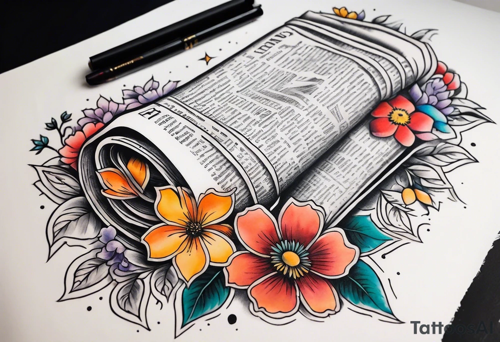 newspaper 
 surrounded by flowers tattoo idea