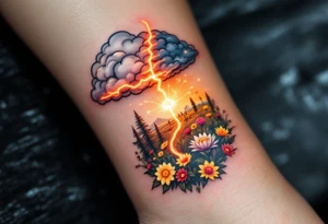 A storm cloud on one side and a field of blooming flowers on the other, connected by a glowing thread, symbolizing the consequences of past choices. tattoo idea