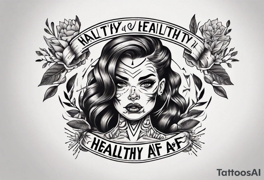 Strong tattooed woman with the words healthy AF in a banner tattoo idea