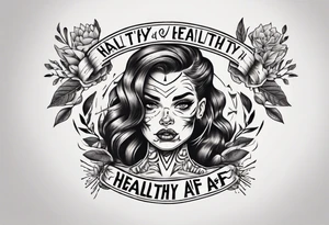 Strong tattooed woman with the words healthy AF in a banner tattoo idea