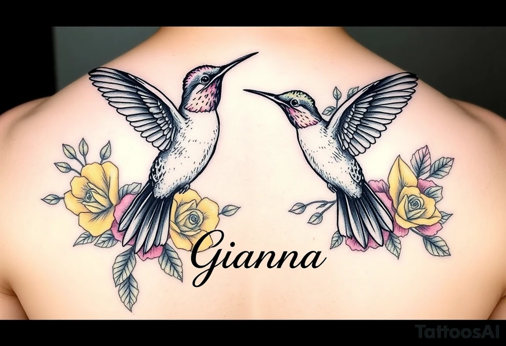 Beautiful majestic hummingbirds, surrounded by yellow, red and purple roses with the name Gianna tattoo idea