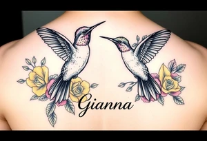 Beautiful majestic hummingbirds, surrounded by yellow, red and purple roses with the name Gianna tattoo idea