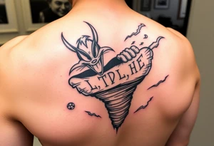 Give me the cartoon tazmanian devil from looney toons with half his body a tornado and initials BD, TD, LJ, MA,HE in the tornado on an upper arm tattoo idea