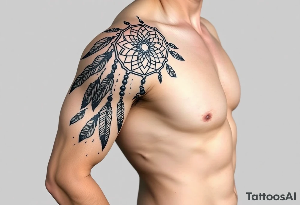 native dreamcatcher with flowing feathers and sacred beads tattoo idea