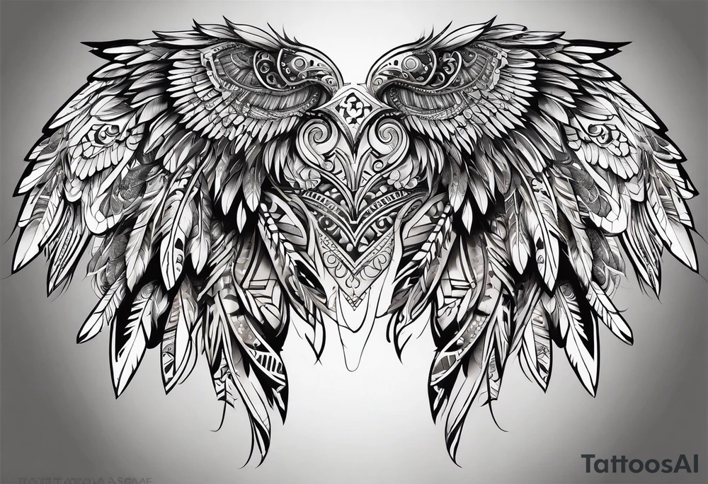 wings sleeve with filigree and african tribal patterns tattoo idea