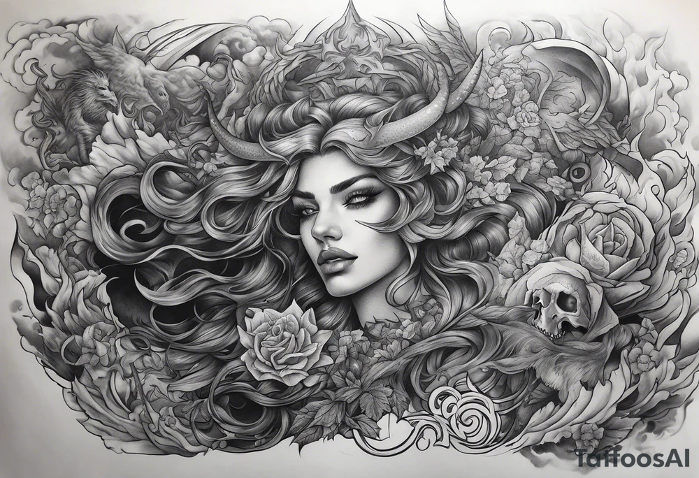 arm sleeve heaven at the top, satan falling down hellscape at bottom tattoo idea