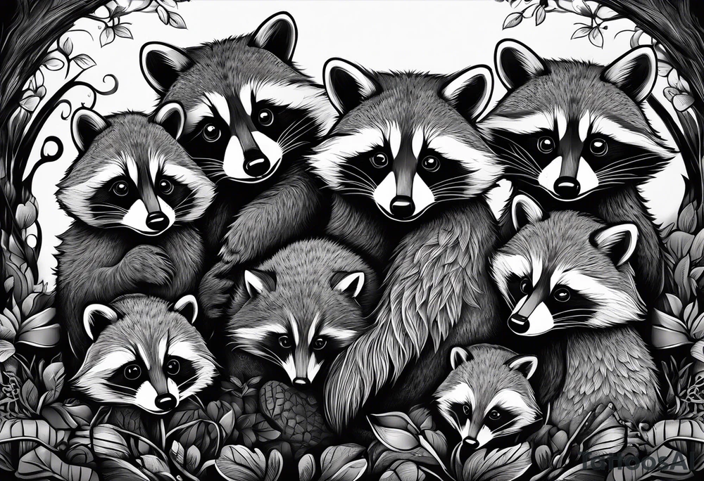 Very detailed Raccoon Husband with wife and 3 sons.
Background modern House between woods tattoo idea