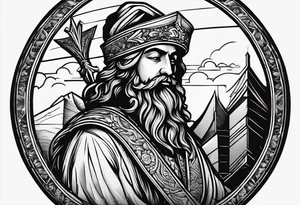 Representation of God underneath an up arrow to the left of an image of a man above a down arrow. tattoo idea