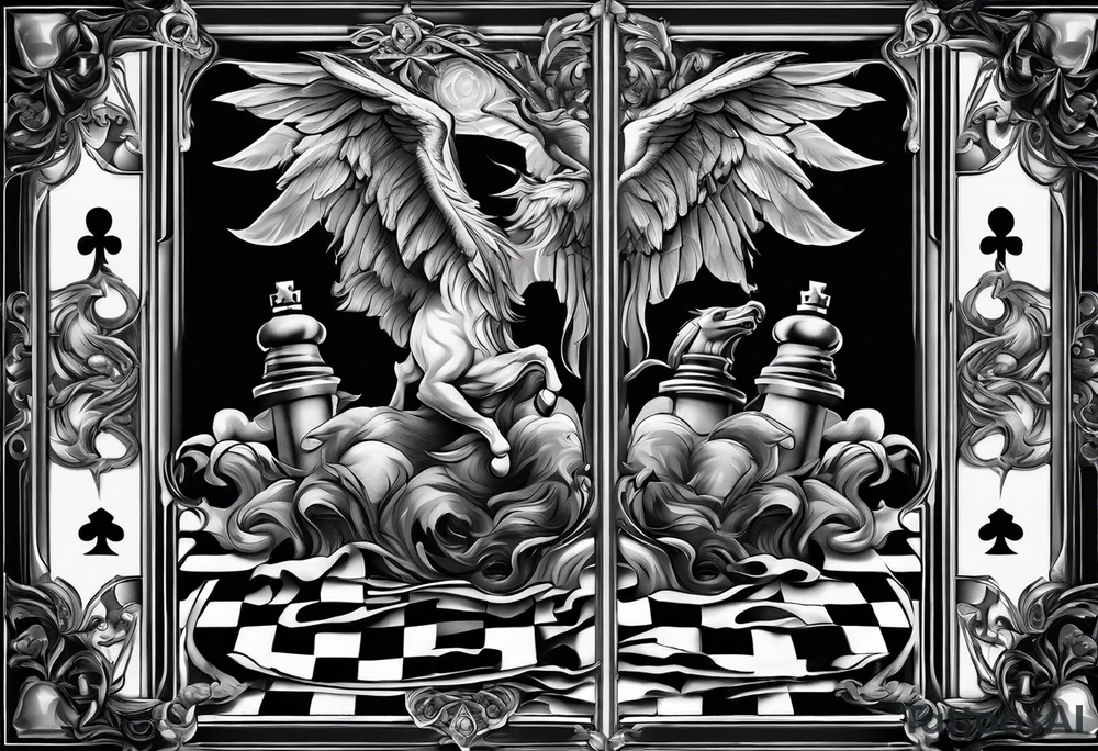 a chessboard with angelic and demonic chess pieces engaged in a strategic game, symbolizing the eternal battle between opposing forces. tattoo idea