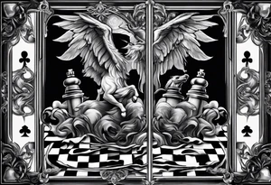 a chessboard with angelic and demonic chess pieces engaged in a strategic game, symbolizing the eternal battle between opposing forces. tattoo idea