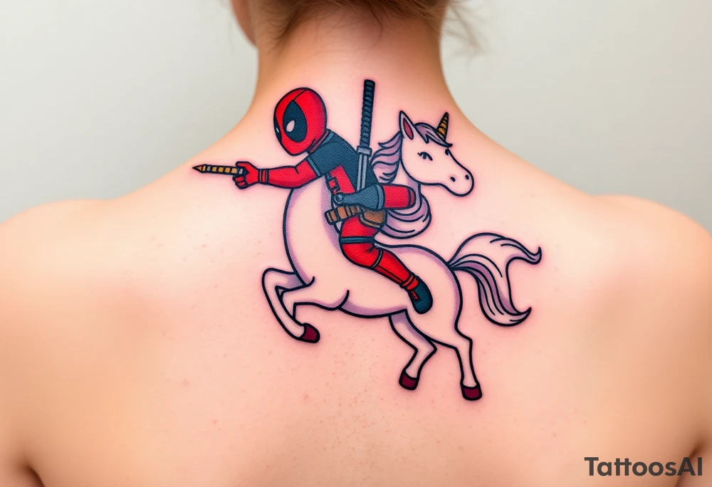 Deadpool riding unicorn pointing rocket propelled grenade launcher tattoo idea