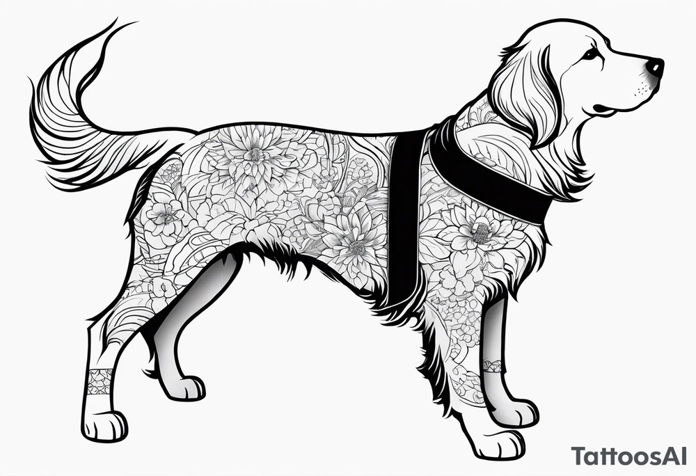 a golden retriever in a kimono full body view wearing a black belt tattoo idea