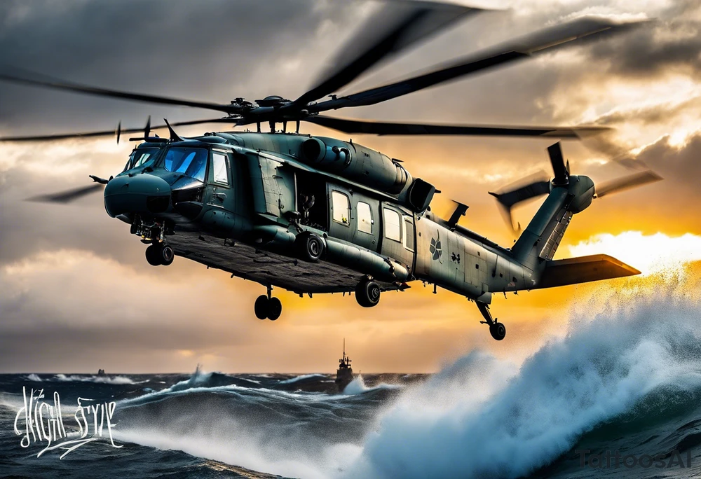 A cinematic-style tattoo depicting a Canadian military CH-148 Cyclone helicopter performing a daring maneuver over a turbulent ocean. The sky should be filled with dramatic clouds, and the sun should be setting, casting long shadows. The helicopter should be the main focus, with intricate details and a sense of motion tattoo idea