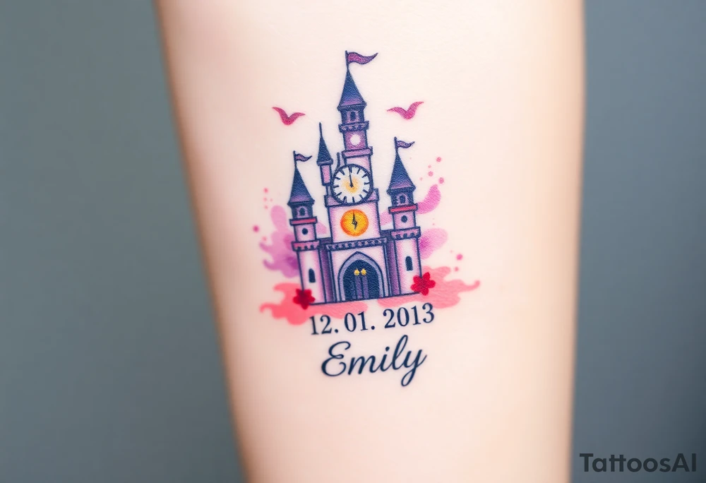 A fairytale-style castle with a glowing clock tower, marking the exact birth time "14:50" with birth date "12. 01. 2013" and name "Emily", in soft pastel pink, purple, and gold accents tattoo idea