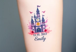 A fairytale-style castle with a glowing clock tower, marking the exact birth time "14:50" with birth date "12. 01. 2013" and name "Emily", in soft pastel pink, purple, and gold accents tattoo idea