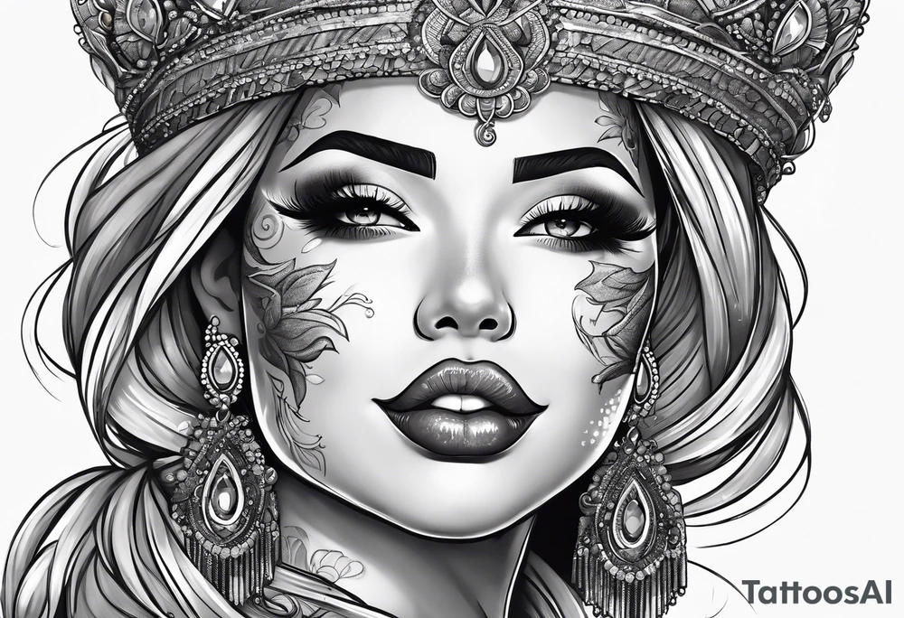 Latina Queen ahegao, tongue out drooling, happy, whitespace hentai tattoo idea