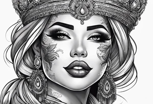 Latina Queen ahegao, tongue out drooling, happy, whitespace hentai tattoo idea