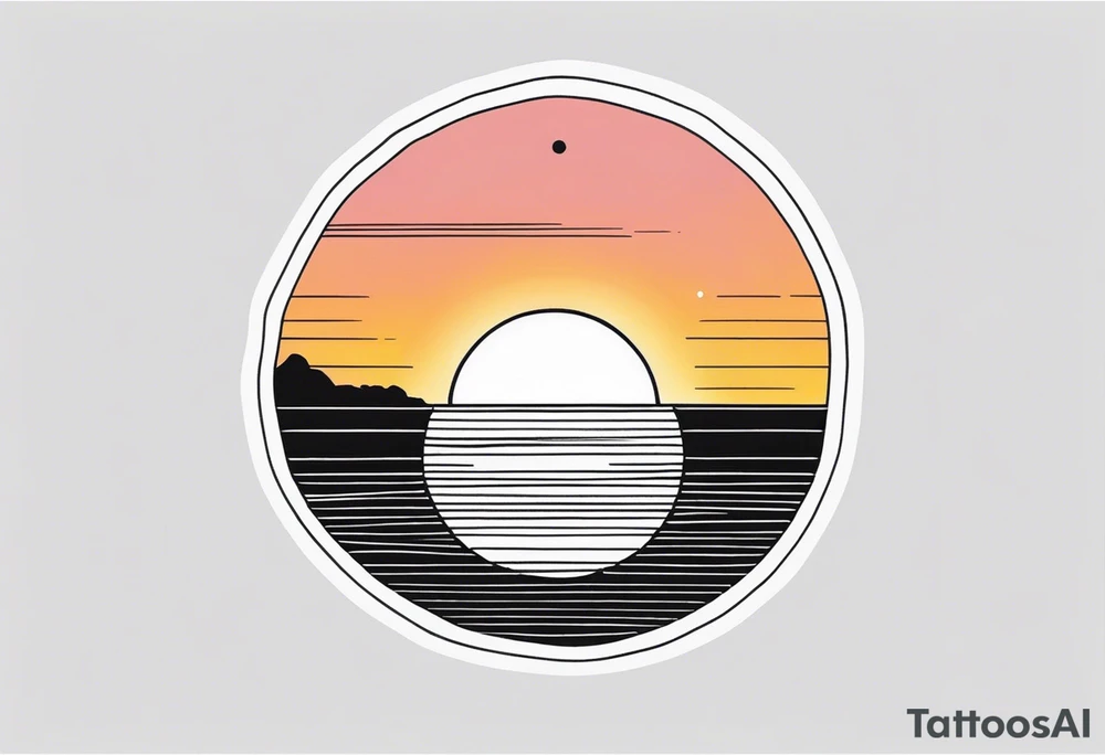 A fine line, black polaroid with the image of a sunset by the sea tattoo idea
