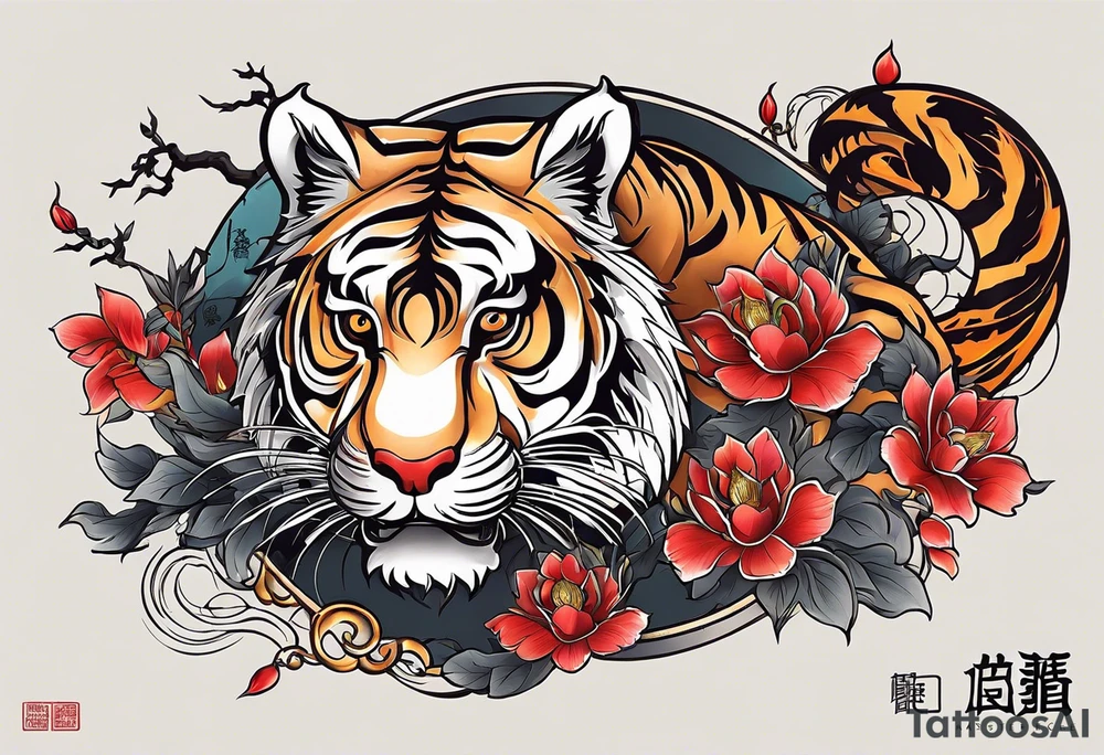 In English:

Create for me a tattoo in the Chinese style featuring a tiger, a rat, a snake, the Great Wall of China, and a temple. tattoo idea