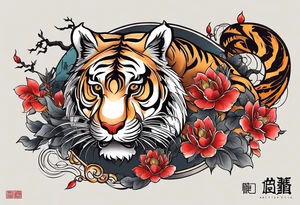 In English:

Create for me a tattoo in the Chinese style featuring a tiger, a rat, a snake, the Great Wall of China, and a temple. tattoo idea