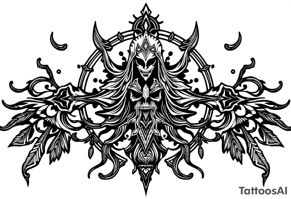mystical dark and long ornament with shaman and witch style and ancient rhyme tattoo idea