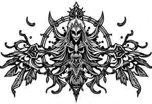 mystical dark and long ornament with shaman and witch style and ancient rhyme tattoo idea