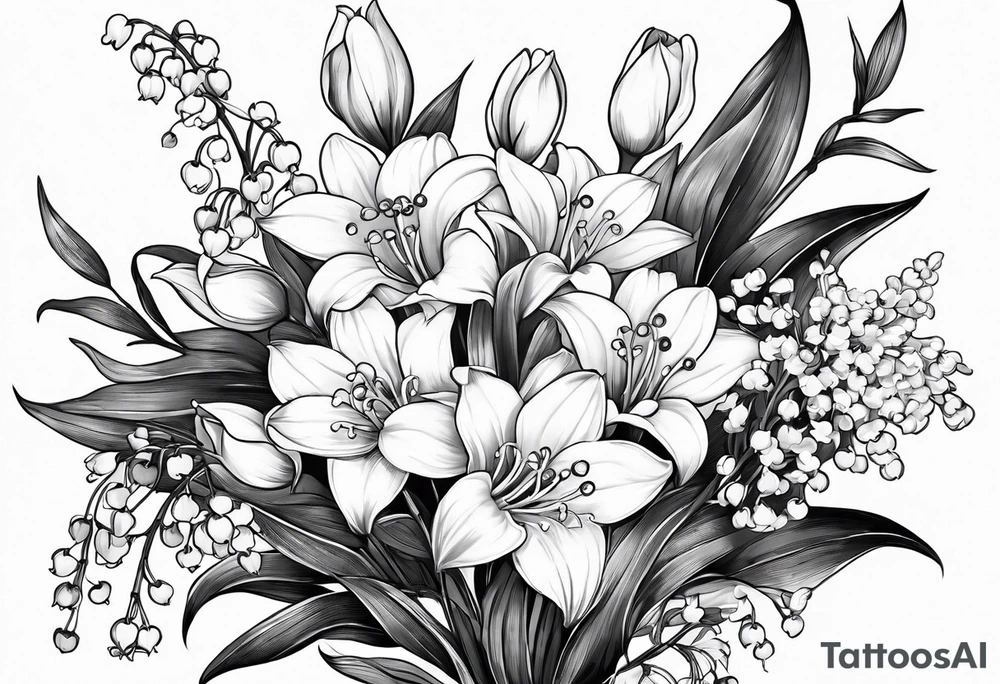 Small bunch. 1 Lily of the valley. 1 Marigold, 1 chrysanthemum, and 1 Lily combined together vertically with small leaves and vines tattoo idea