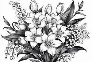 Small bunch. 1 Lily of the valley. 1 Marigold, 1 chrysanthemum, and 1 Lily combined together vertically with small leaves and vines tattoo idea
