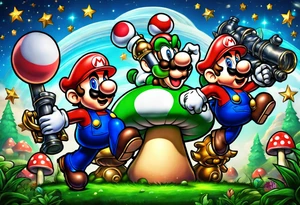 Mario and Luigi big muscles with toadstool and cannons and bombs stars tattoo idea