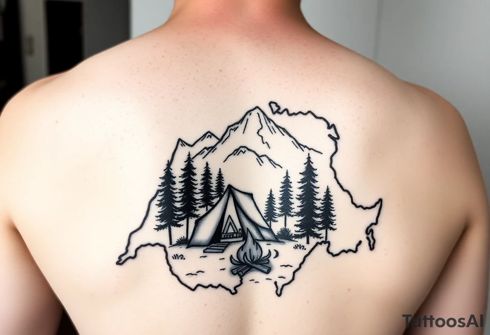 Simplistic, black and white tattoo. A little camping tent, with a fire, in the woods, surrounded by alps and a couple pine trees. The tattoo must be inside the contour of the Switzerland map tattoo idea