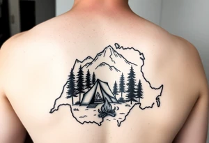 Simplistic, black and white tattoo. A little camping tent, with a fire, in the woods, surrounded by alps and a couple pine trees. The tattoo must be inside the contour of the Switzerland map tattoo idea