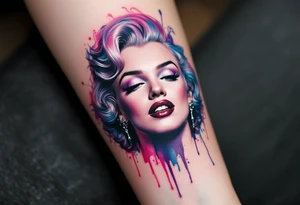 A surrealist Marilyn Monroe portrait melting into pink, purple, and blue ink drips. tattoo idea