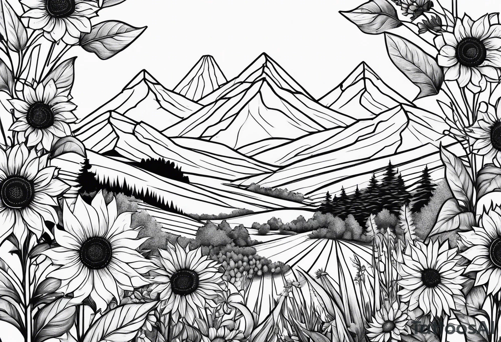 Sunflowers, wild flowers, mountains tattoo idea