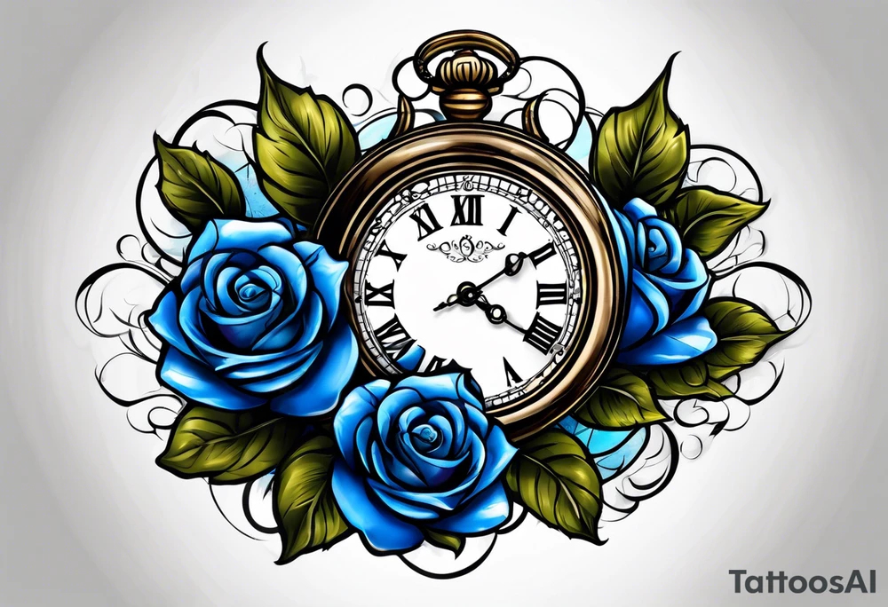 Pocket clock with blue roses tattoo idea