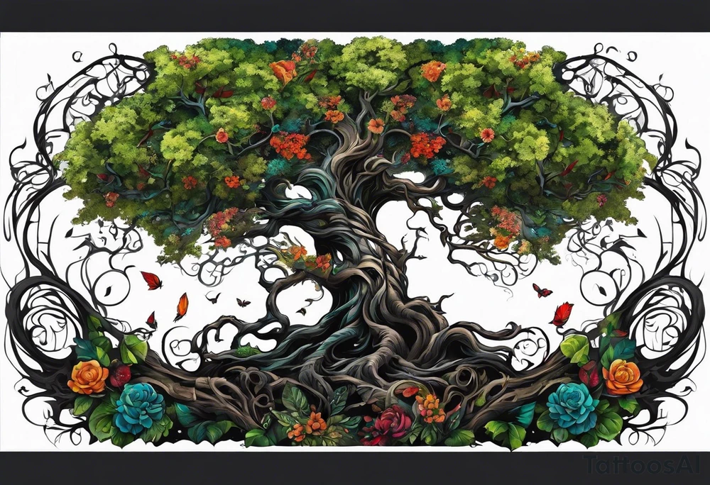 Full chest and neck tattoo with Tree of Life and Tree of Death**: Create a split composition featuring the Tree of Life on one side, teeming with vibrant foliage and lush growth, and the Tree of Death on the other, twisted and gnarled with dark, ominous roots. tattoo idea