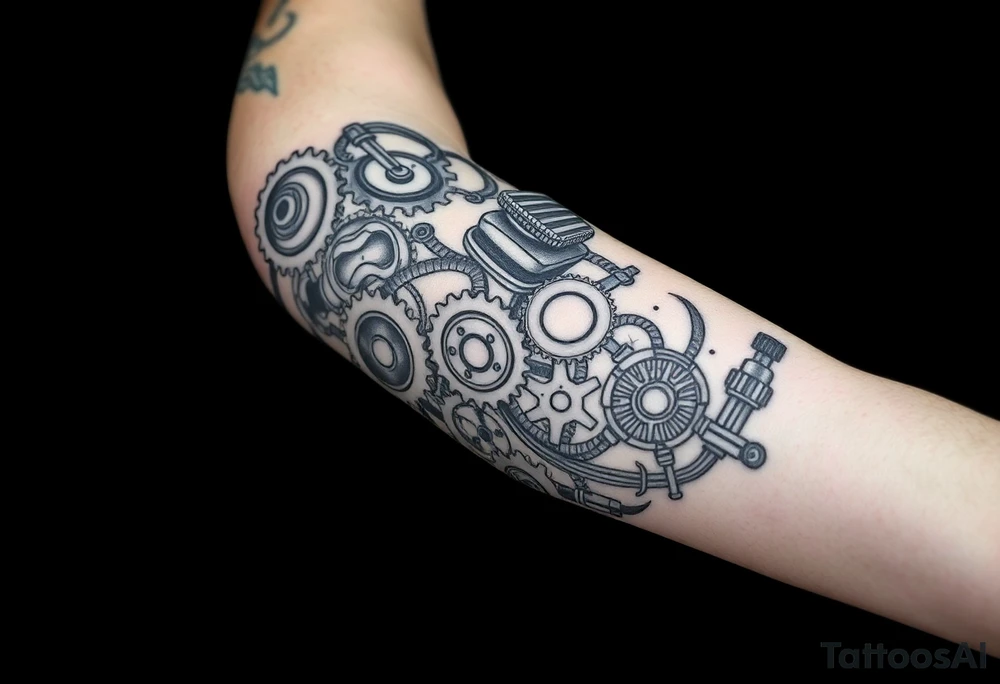 This biomechanical tattoo design creates the illusion of mechanical parts under the skin. It features gears, pistons, and wires, giving the arm a cybernetic look. Realistic shading enhances the fusion of flesh and machine tattoo idea
