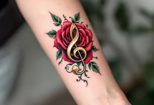A metallic gold treble clef pierced through a crimson rose, with green ivy vines coiling around it and subtle shading in black and burgundy for depth and elegance. tattoo idea