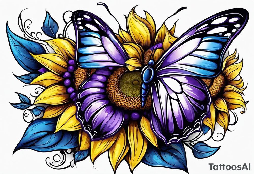 Purple, yellow and blue sunflowers with a butterfly arm.sleeve tattoo idea