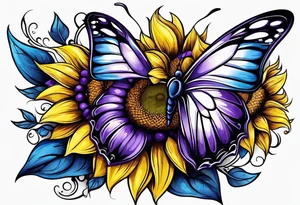 Purple, yellow and blue sunflowers with a butterfly arm.sleeve tattoo idea