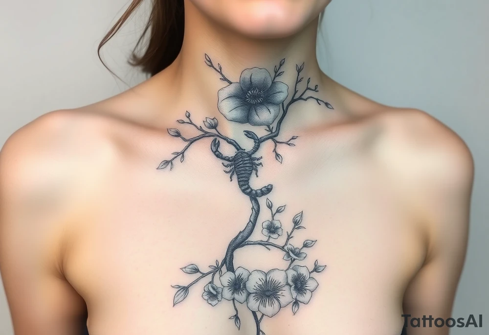 Ethereal ethnic woman forming a blossoming peach tree with a Scorpio on a branch with morning glories & cosmo flowers underneath tattoo idea