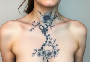 Ethereal ethnic woman forming a blossoming peach tree with a Scorpio on a branch with morning glories & cosmo flowers underneath tattoo idea