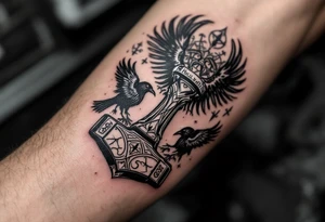 A ravens-and-Mjölnir design, with Huginn and Muninn circling the hammer, surrounded by Norse symbols, in black and grey with silver highlights. tattoo idea