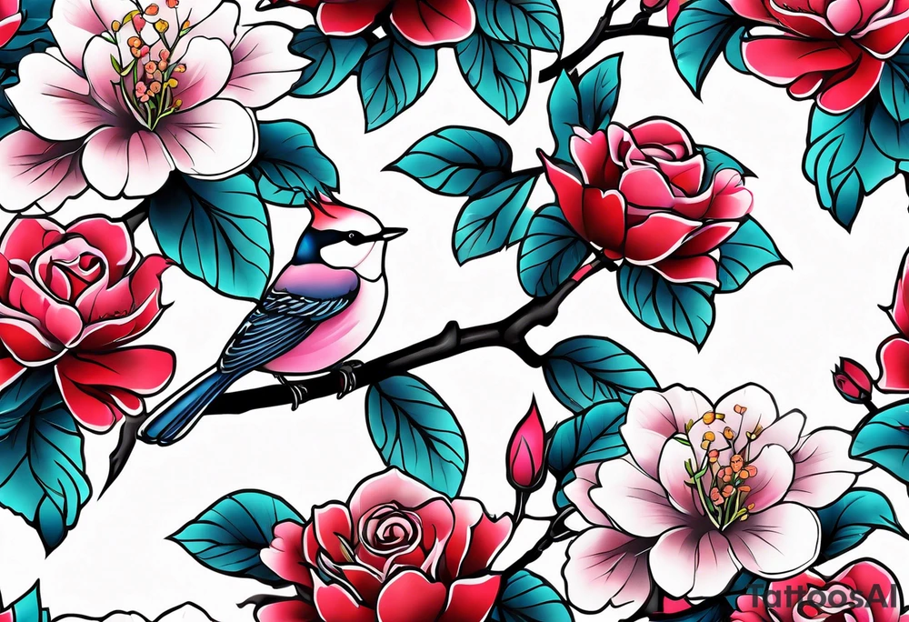 Japanese cherry blossom with birds, butterflies and rose on the forearm tattoo idea