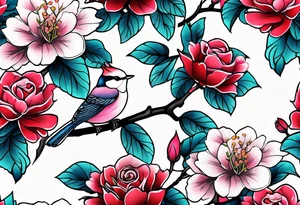 Japanese cherry blossom with birds, butterflies and rose on the forearm tattoo idea