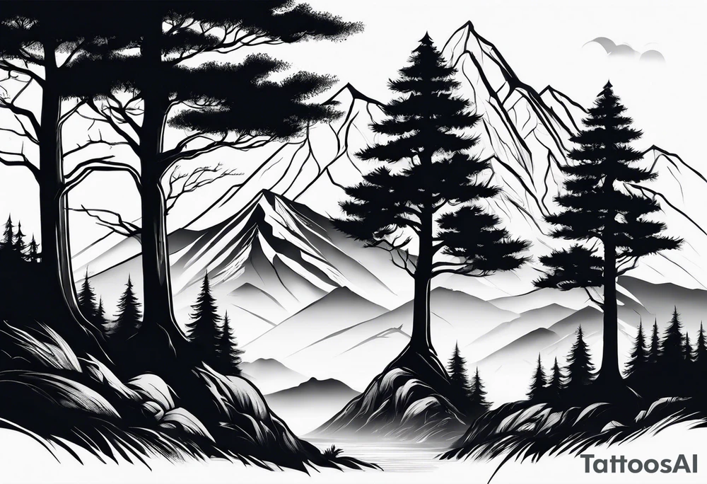 Three mountains three trees with roots tattoo idea Three mountains three trees with roots tattoo idea