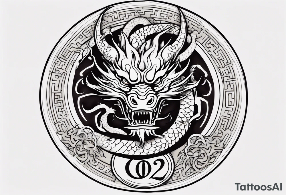 Chinese dragon in a circular shape with "02.03" written on its skin tattoo idea