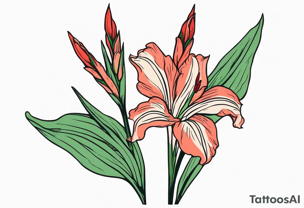 a thin narrow gladiolus stalk. green leaves. coral-colored flowers with deep red centers. tattoo idea