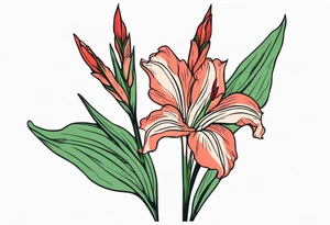 a thin narrow gladiolus stalk. green leaves. coral-colored flowers with deep red centers. tattoo idea